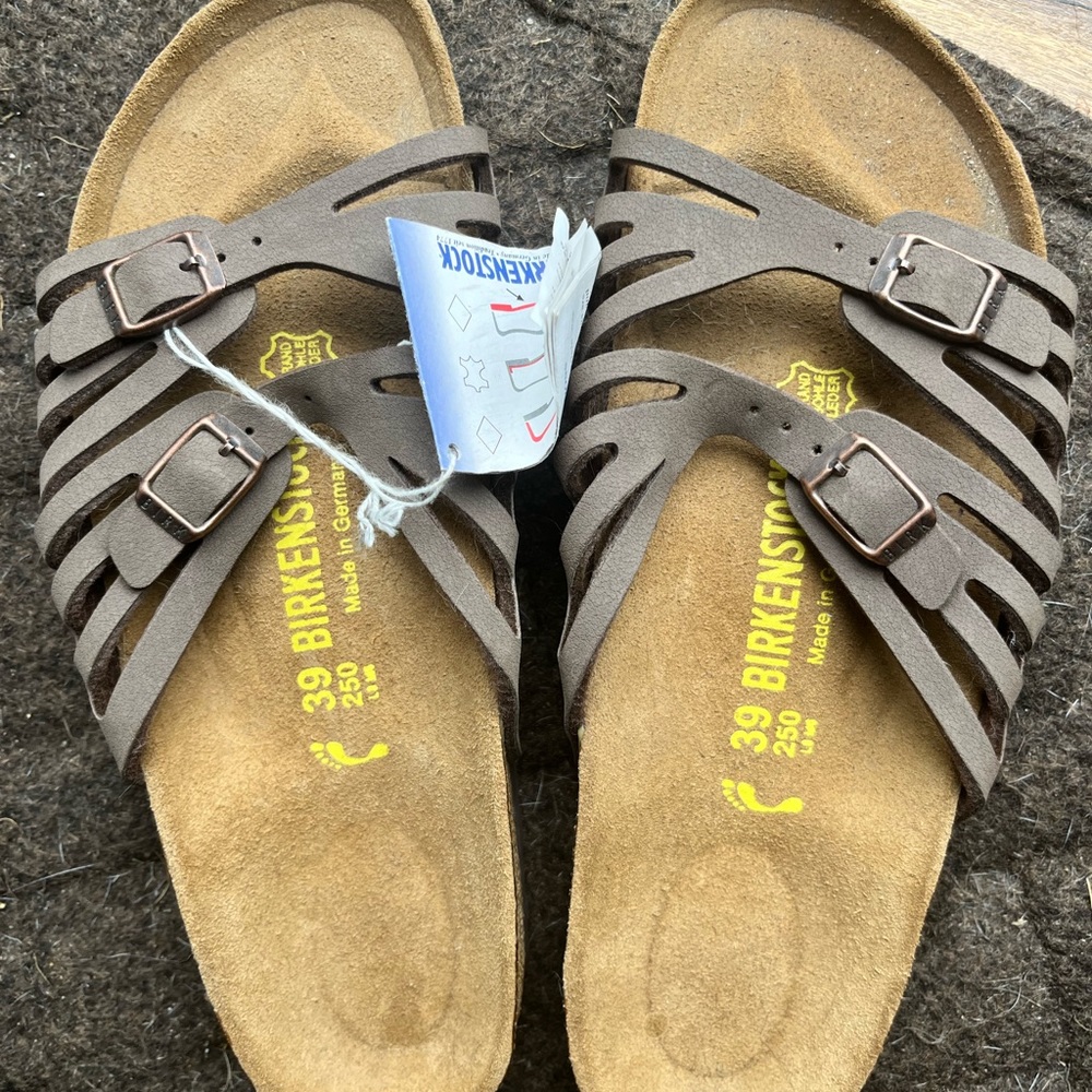 Brand new Birkenstocks. Size 39 US size 8 - 8 1/2 brown. Never worn.